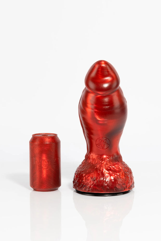 A product photo of large red minotaur dildo.