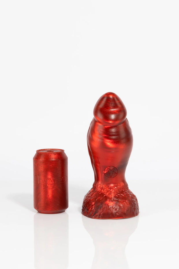 A product photo of a medium-sized red minotaur dildo.