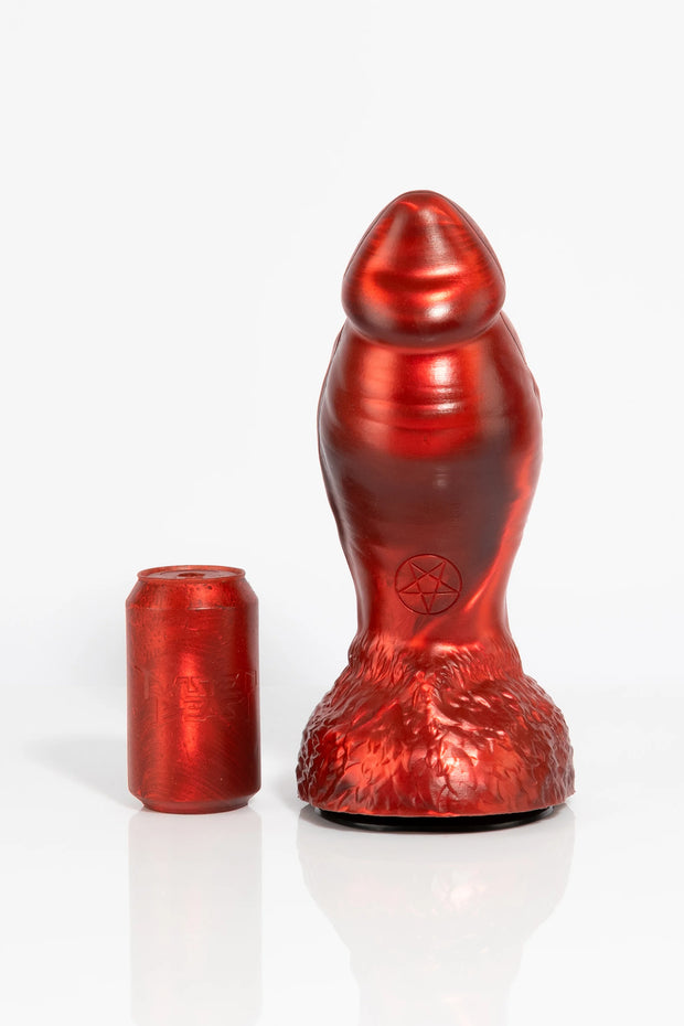 A product photo of an XL red minotaur dildo.