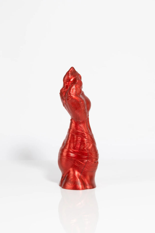 A product photo of a red dragon claw dildo taken from the side.