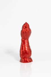 A product photo of a red dragon claw dildo taken from the back.