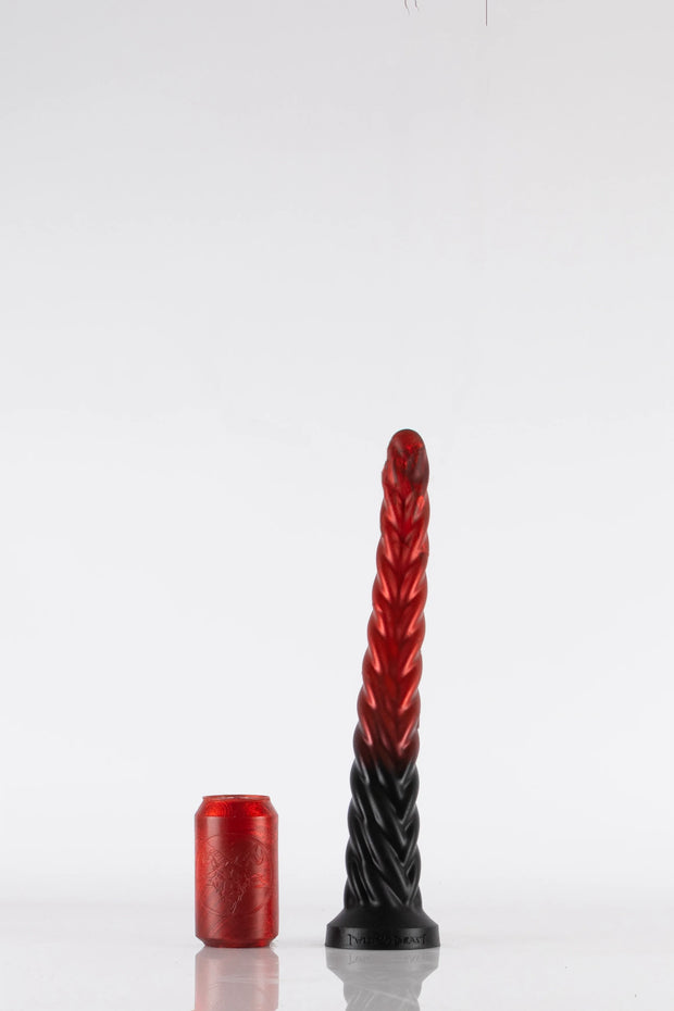 A red and black medium-sized deep dildo.