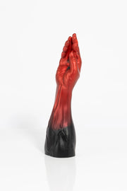 A product photo of an ombre coloured fist dildo taken from an angle.