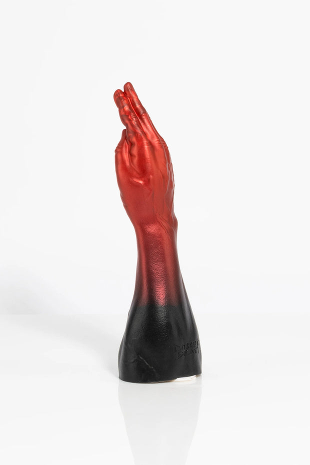 A product photo of an ombre coloured fist dildo taken from an angle at the back.