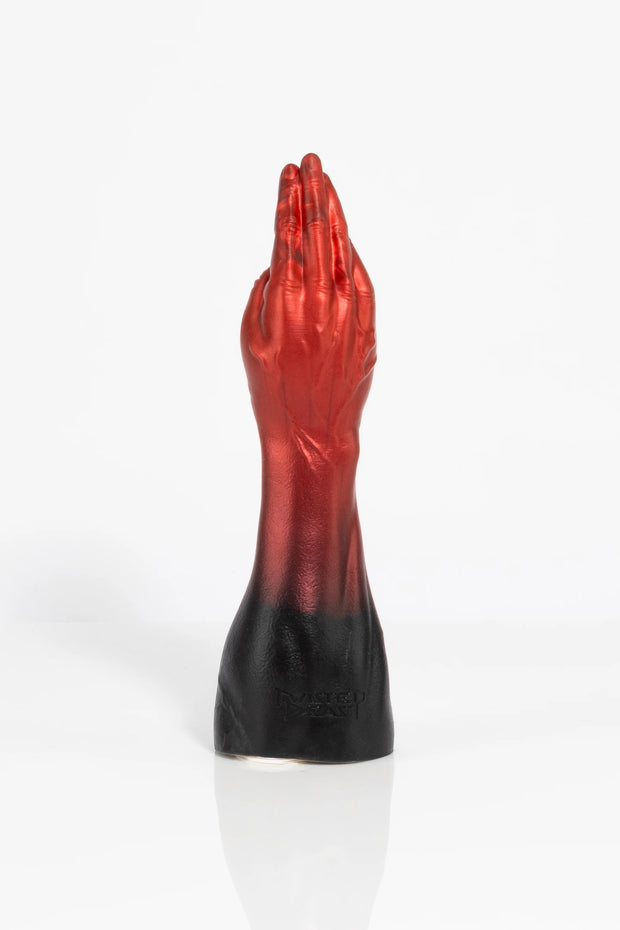 A product photo of a fist dildo taken from behind.