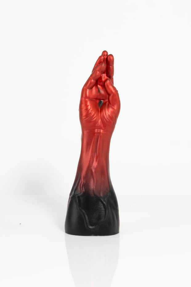 A product photo of an ombre coloured fist dildo.