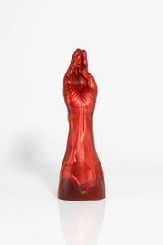 A product photo of a red fist dildo taken from the front.