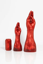 A size comparison photo of two red fist dildos.