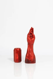 A product photo of a medium red fist dildo.
