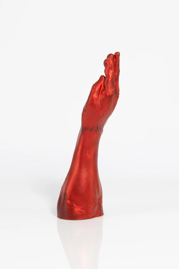 A product photo of a red fist dildo.