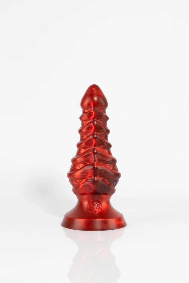 A product photo of a red tentacle butt plug taken from the front.