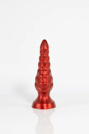 A product photo of a red tentacle butt plug taken from the side.