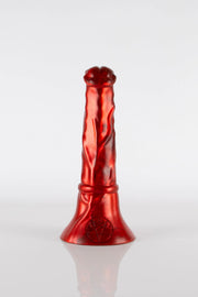 A product photo of a red horse dildo taken from behind.