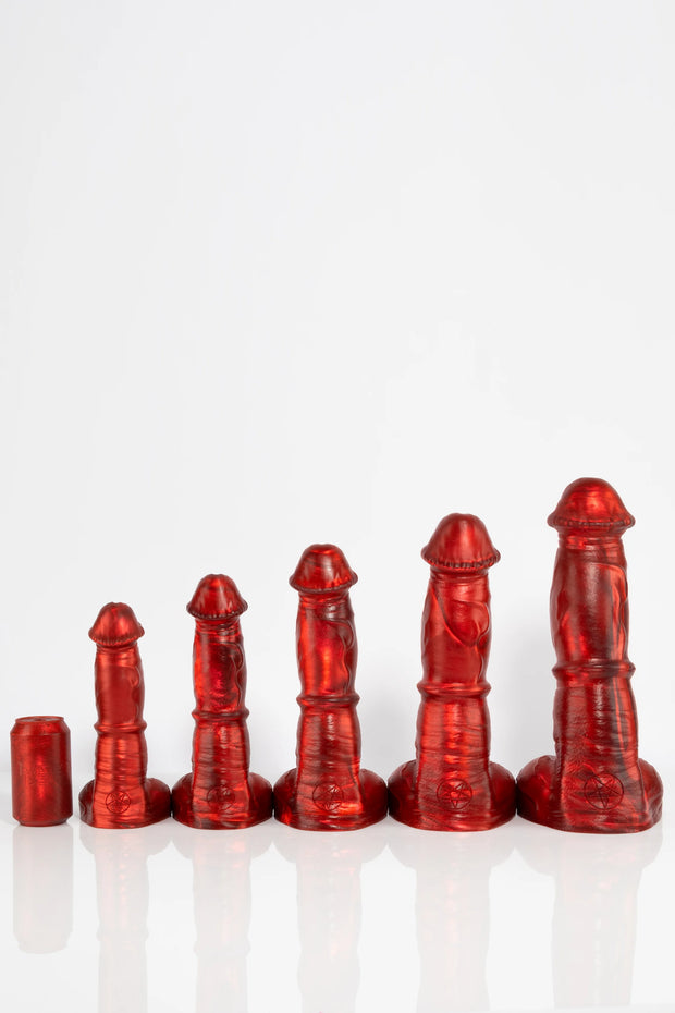 A size comparison photo for red pegasus dildos. 