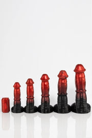 A size comparison photo of five Pegasus dildos. 