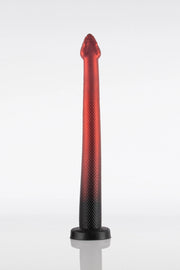 A product photo of a red and black snake dildo. 