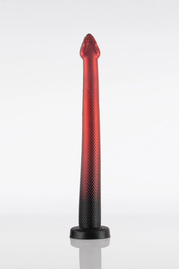 A product photo of a red and black snake dildo. 