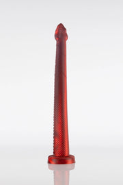 A red, textured snake dildo with a narrow body and a pointed head, displayed against a white background.