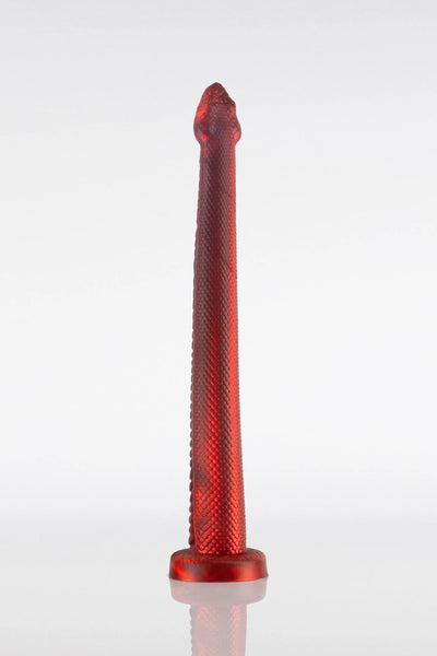A red, textured snake dildo with a narrow body and a pointed head, displayed against a white background.