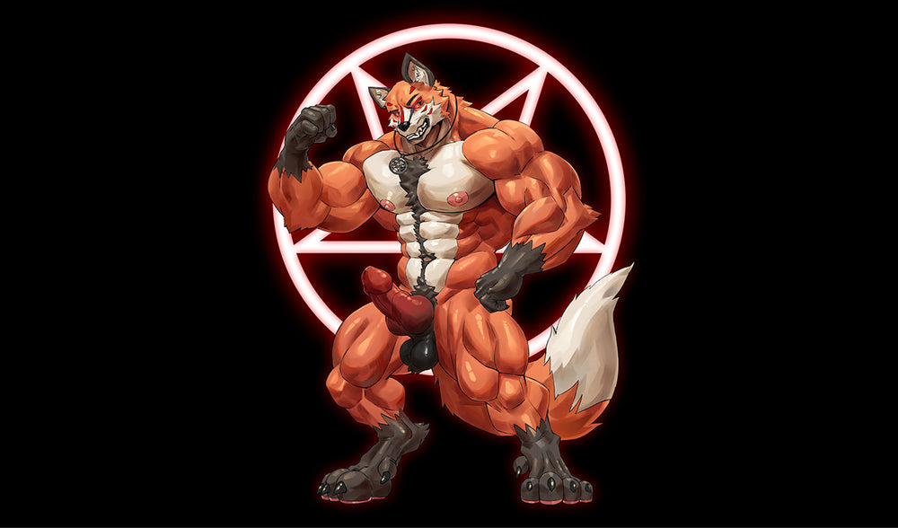 Art of the fox Twisted Beast Mascot with a pentagram behind it.